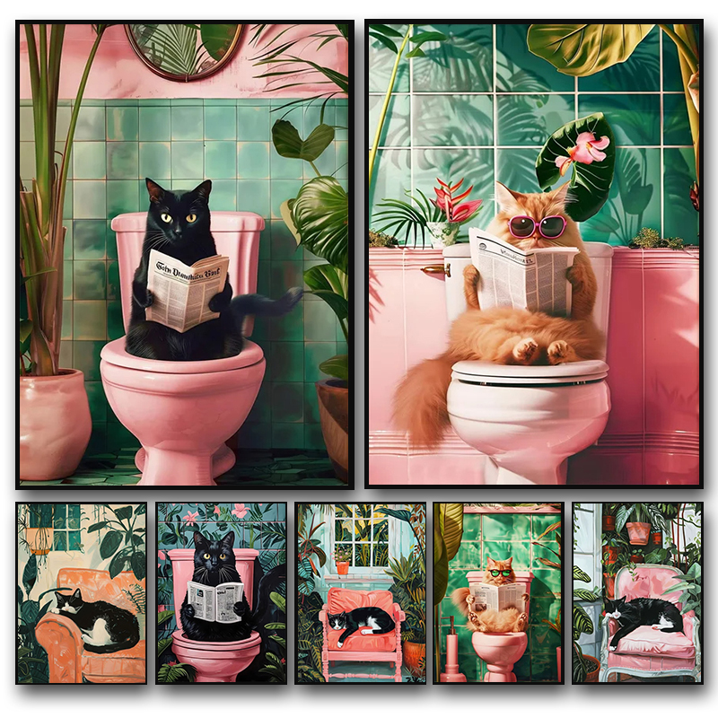 Funny Cat on Toilet Wall Art C - Home Bathroom Toilet 리뷰 및 가격