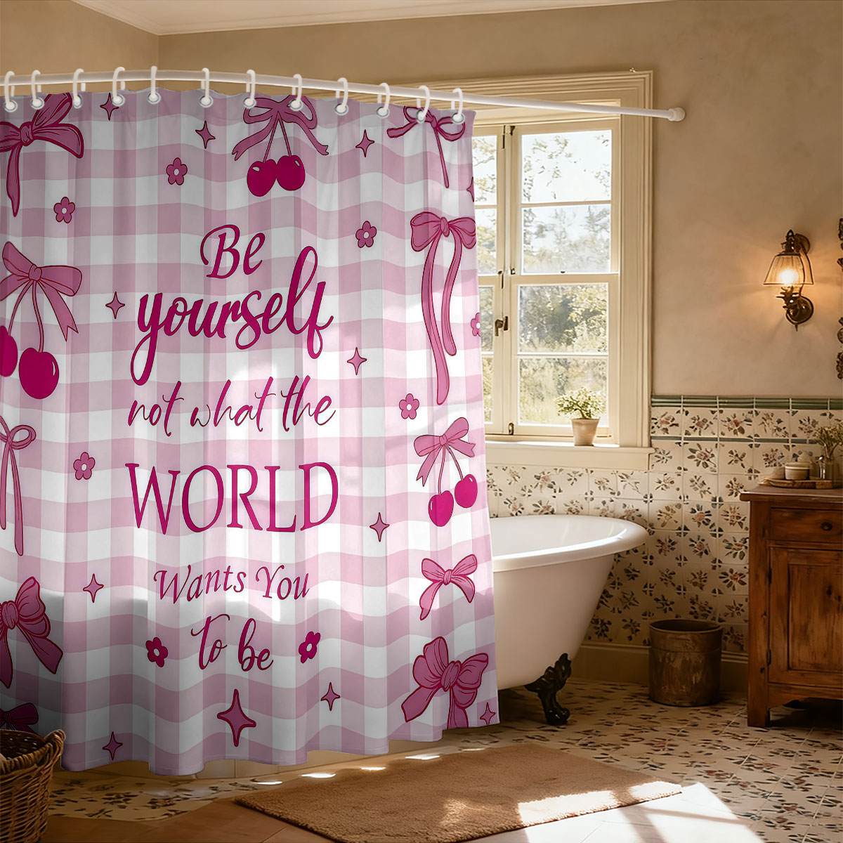 1pc Pink Bow Printed Shower Cu - Home Bathroom Partition 리뷰 및 가격