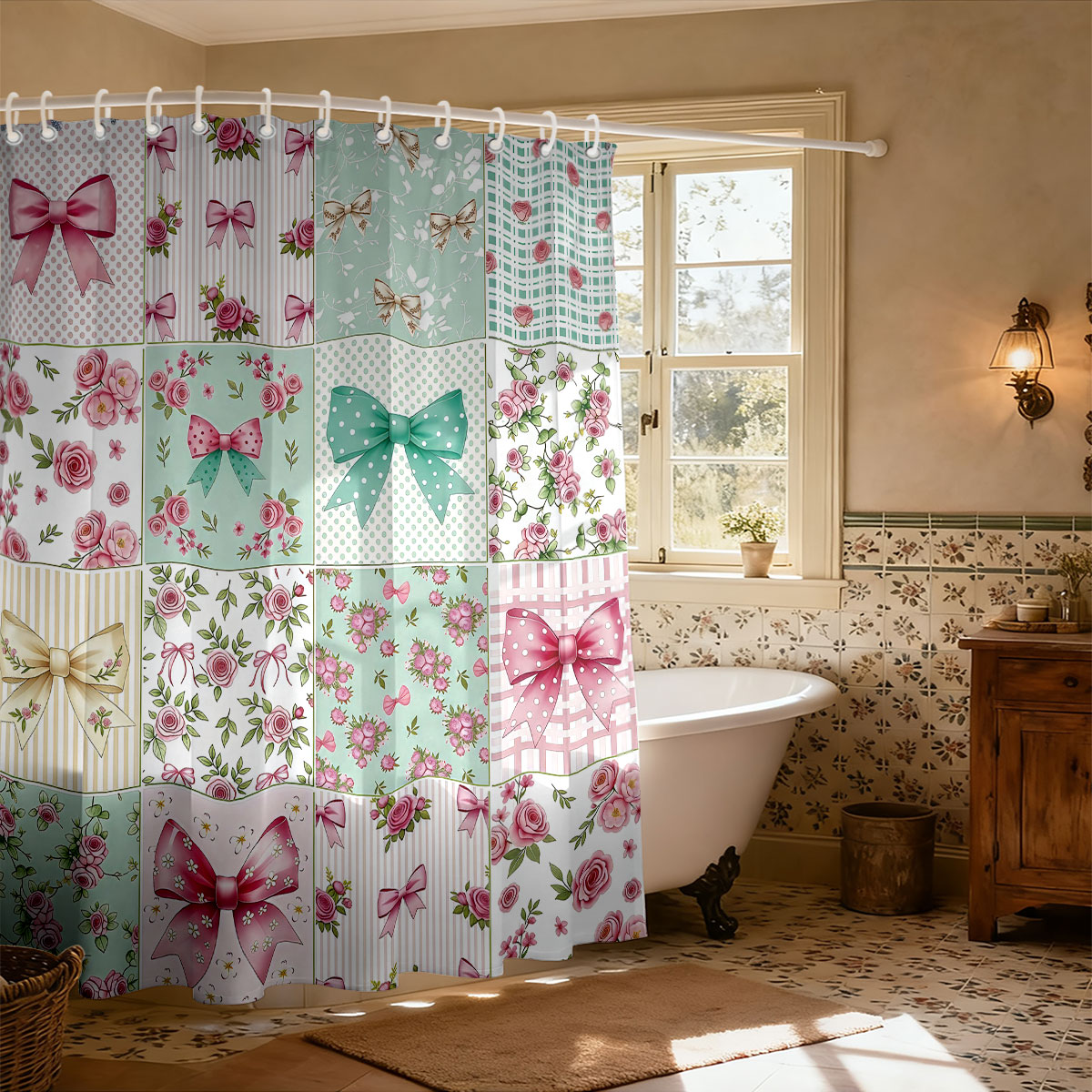 1pc Pink Bow Printed Shower Cu - Home Bathroom Partition 리뷰 및 가격